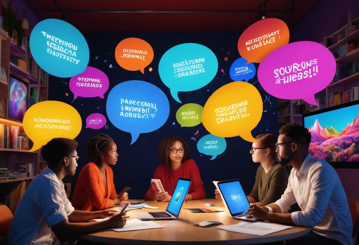 A dynamic scene showcasing a diverse group of creatives engaged in a storytelling workshop, surrounded by digital devices displaying vibrant graphics and compelling narratives. The background features a lush, interactive digital landscape, symbolizing the connection between technology and storytelling. Include elements like a glowing light bulb above their heads to represent ideas, and colorful speech bubbles illustrating their thoughts. The atmosphere should feel energetic and collaborative. super-realistic. vibrant colors. 3D.